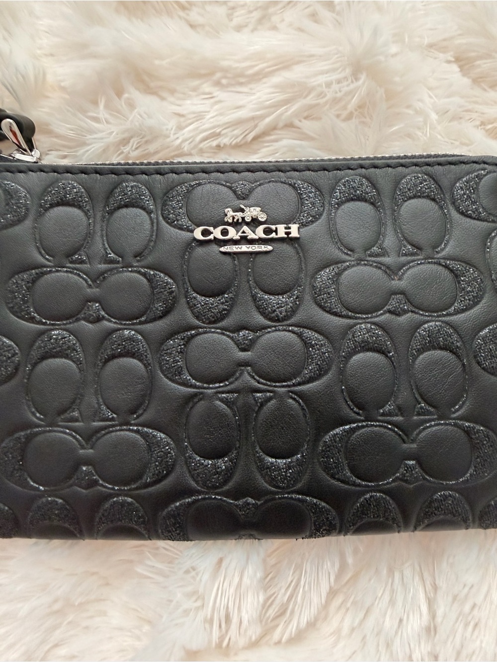 Coach Black Embossed Signature Leather Wristlet | NWT Silver Hardware Clutch - Picture 2 of 5